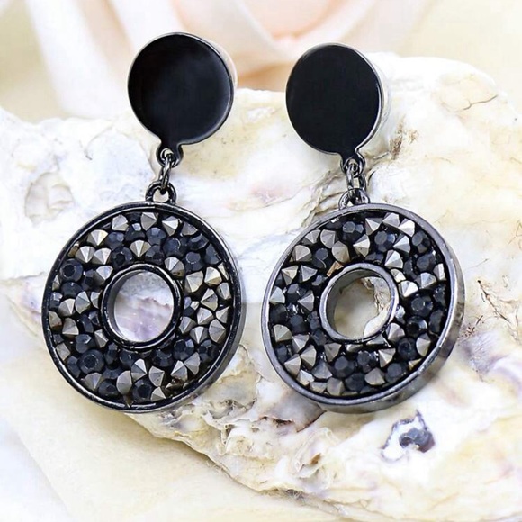 Black Round Circle Dangle Earrings - Picture 6 of 7